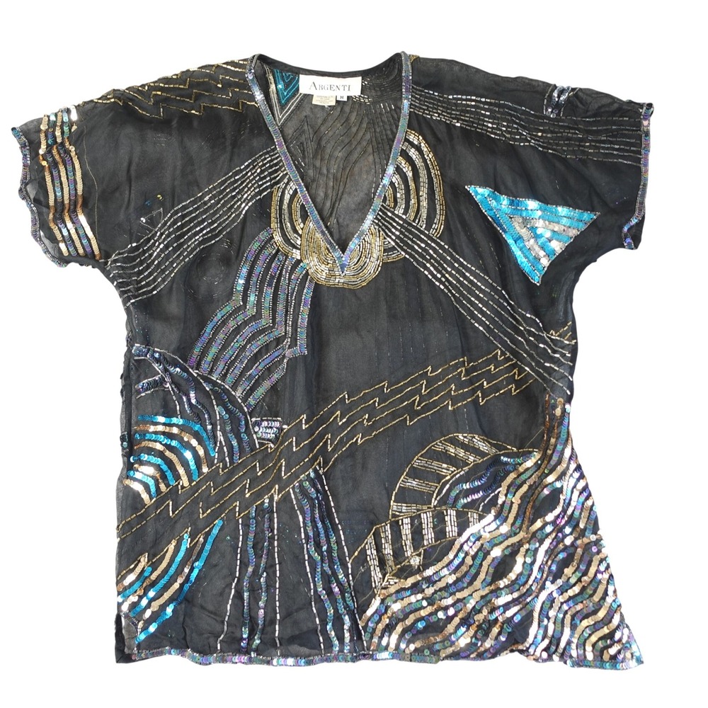 Vintage Argenti Top Womens M Black Silk Beaded Sequin‎ Art Deco Disco Blouse 80s